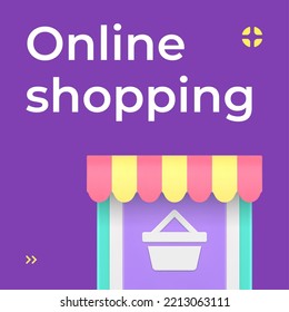 Online shopping awning digital store smartphone application web post realistic 3d icon vector illustration. Internet purchasing grocery product choosing ordering courier delivery commercial e business