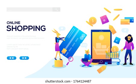Online shopping background. Modern illustration slider site page. Online purchases design. Pay for purchases online concept vector. Make purchases without leaving your home web banner. 