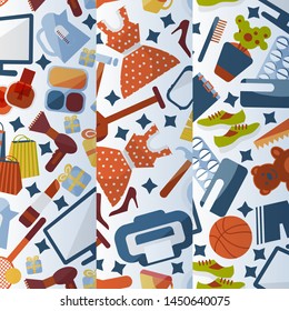 Online shopping background patterns vector illustration. Different cloths, games, tools and goods availiable for online shoppers. Shop via internet set of patterns.
