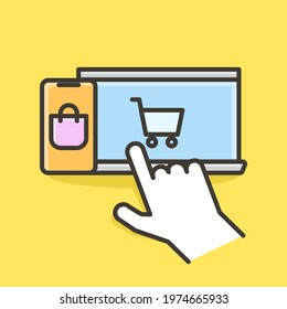 Online shopping background. Vector filled outline icons on banner for ecommerce. Hand pointing with laptop and smartphone with online commerce apps.