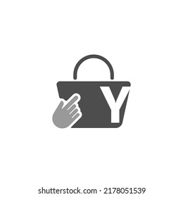 Online shopping bag, cursor click hand icon with letter Y illustration