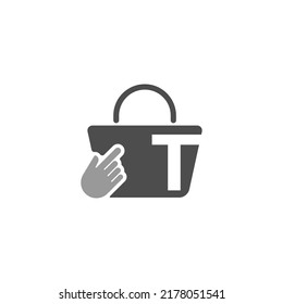 Bolsa de compra en línea, el cursor hace clic en icono de mano con la letra T ilustración