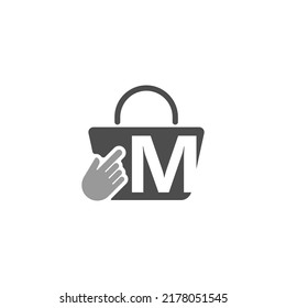 Online shopping bag, cursor click hand icon with letter M illustration
