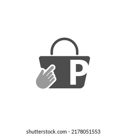 Online shopping bag, cursor click hand icon with letter P illustration