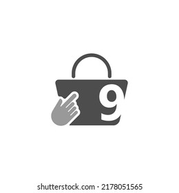 Online shopping bag, cursor click hand icon with number 9 illustration