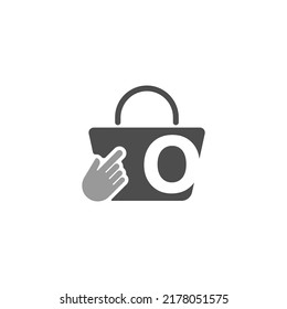 Online shopping bag, cursor click hand icon with letter O illustration