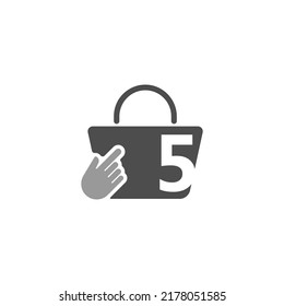 Bolsa de compra en línea, cursor clic en icono de mano con el número 5
