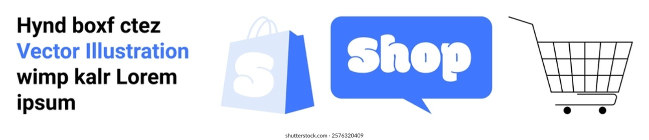 Online shopping bag with an S, speech bubble with Shop, and shopping cart. Ideal for e-commerce sites, online stores, retail promotions, digital marketing, and web design. Simple, modern style