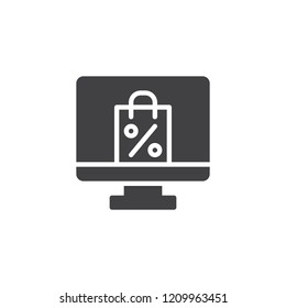 Online shopping bag vector icon. filled flat sign for mobile concept and web design. Monitor and shopping basket with percentage simple solid icon. Discount symbol, logo illustration. Pixel perfect 