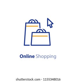 Online shopping, bags and cursor, vector line icon