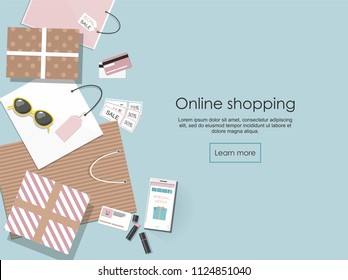 Online shopping. Shopping bags and others isolated on blue background Vector Illusrtation