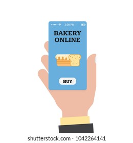 Online shopping in the bakery. Online bakery. Store and hand with a smartphone. Smartphone app. Vector flat.