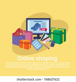 Online Shopping Baner Concept With Computer Clothes Internet Retail Store E-commerce Flat Vector Illustration