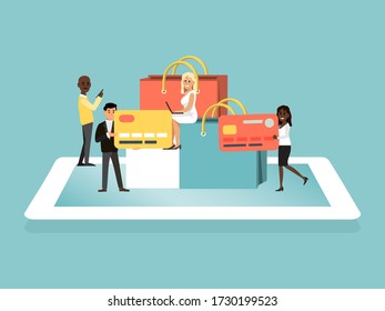 Online shopping, banking card internet purchase, tiny character people male female use gadget for buying item, flat vector illustration. Concept technological, modern remote distancing acquisition.