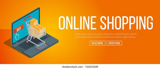 Online shopping banner. 3d shopping cart on a laptop keyboard. Concept about online shopping. Highly detailed illustration