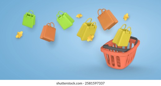 Online shopping banner. Shopping bascet and gift bags. Vector illustration.