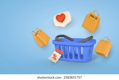 Online shopping banner. Shopping bascet, gift bags and heart sign on notification speech bubble. Vector illustration.