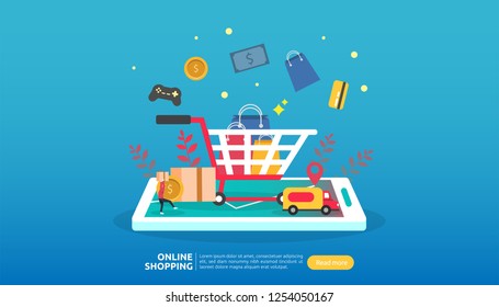 Online shopping banner. Business concept for Sale e-Commerce with smartphone and tiny people character. template for web landing page, presentation, social media and print media. Vector illustration