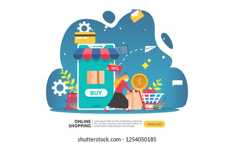 Online shopping banner. Business concept for Sale e-Commerce with smartphone and tiny people character. template for web landing page, presentation, social media and print media. Vector illustration