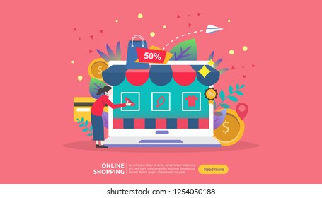 Online shopping banner. Business concept for Sale e-Commerce with smartphone and tiny people character. template for web landing page, presentation, social media and print media. Vector illustration