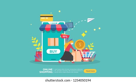 Online shopping banner. Business concept for Sale e-Commerce with smartphone and tiny people character. template for web landing page, presentation, social media and print media. Vector illustration