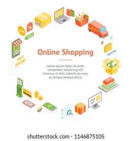 Online Shopping Banner Card Circle Isometric View Include of Delivery Car, Laptop, Phone and Gift Box. Vector illustration