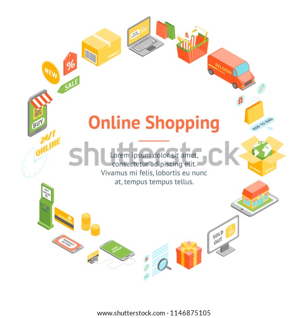Online\
Shopping Banner Card Circle Isometric View Include of Delivery Car,\
Laptop, Phone and Gift Box. Vector\
illustration