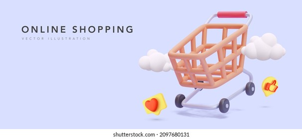 Banner de compras en línea con carrito de compras, nubes e íconos sociales. Ilustración del vector