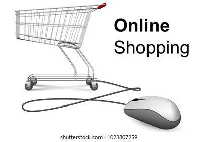 Online shopping banner with computer mouse and market trolley, vector design