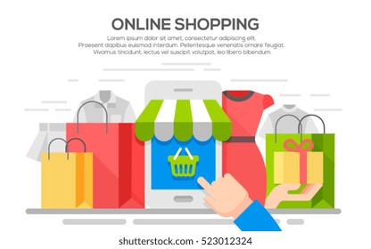 Online shopping banner concept with clothing, smartphone and bag.