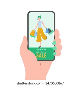 Online shopping banner, concept sale mobile app template with woman character, special offer poster, Black Friday concept vector illustration flat design