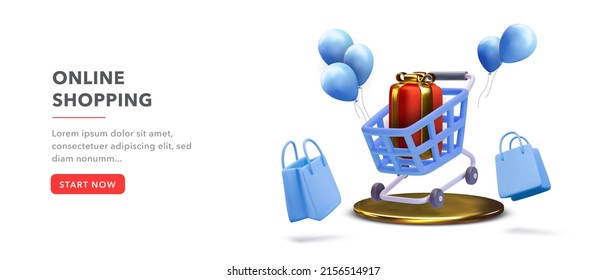 Online shopping banner design with 3d rendering cart with red gift on white background with balloons and shopping bags. Vector illustration