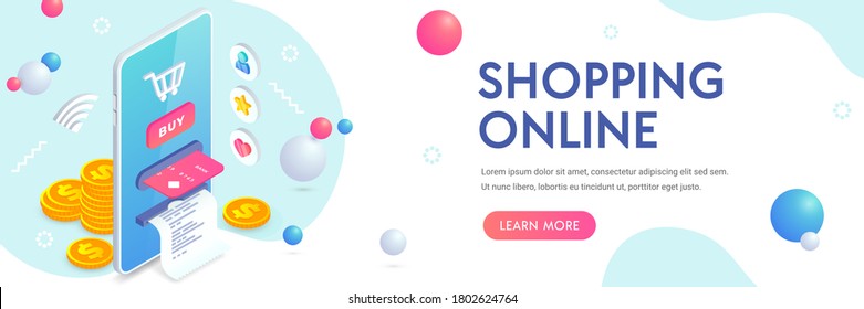 Online shopping banner design template with isometric smartphone integrated ATM, cart, button, credit card, receipt, icons and coin stack. E-commerce, online store creative 3d vector illustration