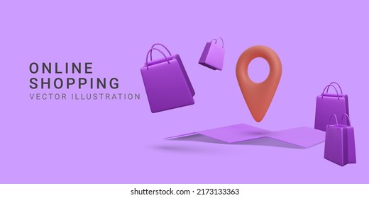 Online shopping banner with gift bags and location your store. 3d realistic vector illustration