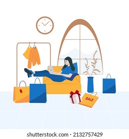 Online shopping banner, The girl works at the computer, sitting on a bag with beans epidemic, quarantine, freelancer, work at home, distance learning, online, blogger, concept vector illustration flat