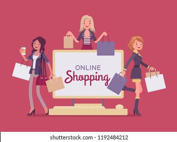 Online shopping banner with happy women. Ladies advertising buying goods or services over the Internet, enjoy comfortable electronic commerce for consumers. Vector flat style cartoon illustration