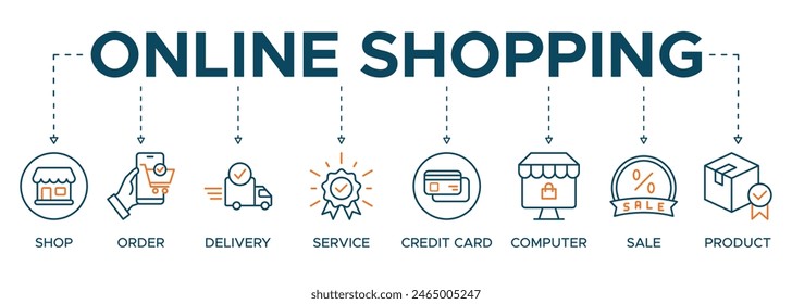 Online shopping Banner illustration concept with the icon of shop, order, delivery, service, credit card, computer, sale and product