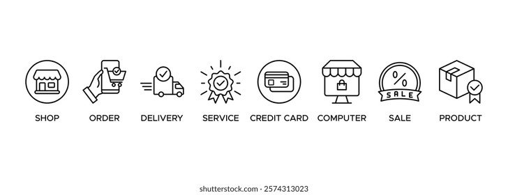 Online shopping Banner illustration concept with the icon of shop, order, delivery, service, credit card, computer, sale and product