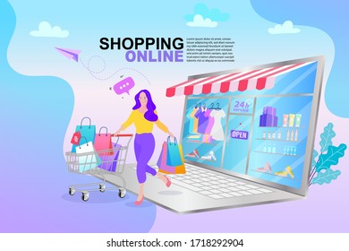 Online shopping banner, Internet digital store scene with woman on shopping. E-commerce advertising illustration. People shopping online concept with happy.