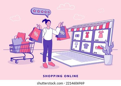 Online shopping banner, Internet digital store scene with woman on shopping. E-commerce advertising illustration. People shopping online concept with happy. vector outline.