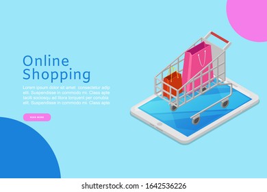 Online shopping banner with isometric shop cart on tablet for the online store, internet shop order or web banner vector illustration. Online shopping cartoon cart with shopping bags.