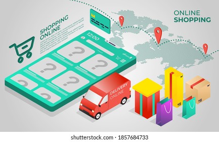 Online shopping banner. Mobile application and delivery service concept. Vector landing page with isometric smartphone with application, box and truck. Isometric Vector EPS 10