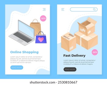Online Shopping Banner Mobile Design with Box and Package Vector Template