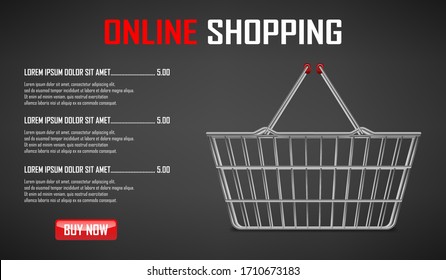 Online shopping banner. Realistic metallic shopping basket for supermarket products. Shop market cart trolley. vector illustration.
