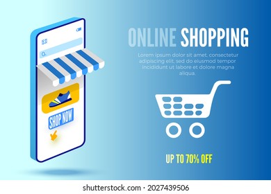 Online shopping banner with smartphone and cart on blue background. Vector illustration.