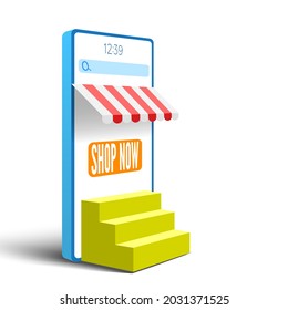 Online shopping banner with smartphone and stairs. Vector illustration.