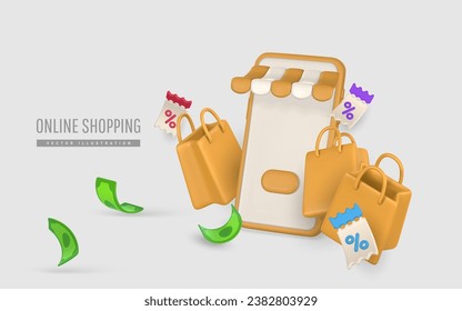 Online shopping banner template in cartoon style. Phone application, bags, discount coupon, dollars. Mobile smart phone with shopping app. Vector illustration.