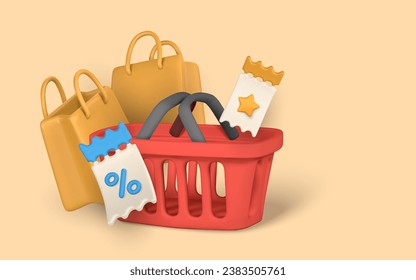 Online shopping banner template in cartoon style. Shopping basket, bag, discount, promotion, sale, shopping concept. Vector illustration.