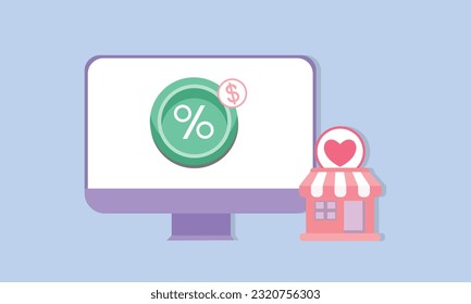 Online shopping banner template with computer monitor and minimal shop . Web Mockup for promotion.