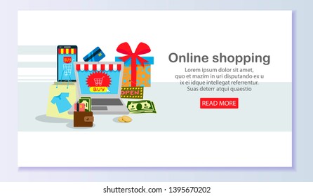 Online shopping banner vector illustration. Design template for buying clothing such as T-shirt, jeans, shoes online ordering, e-commerce. Bag with purchases, present. Web page.